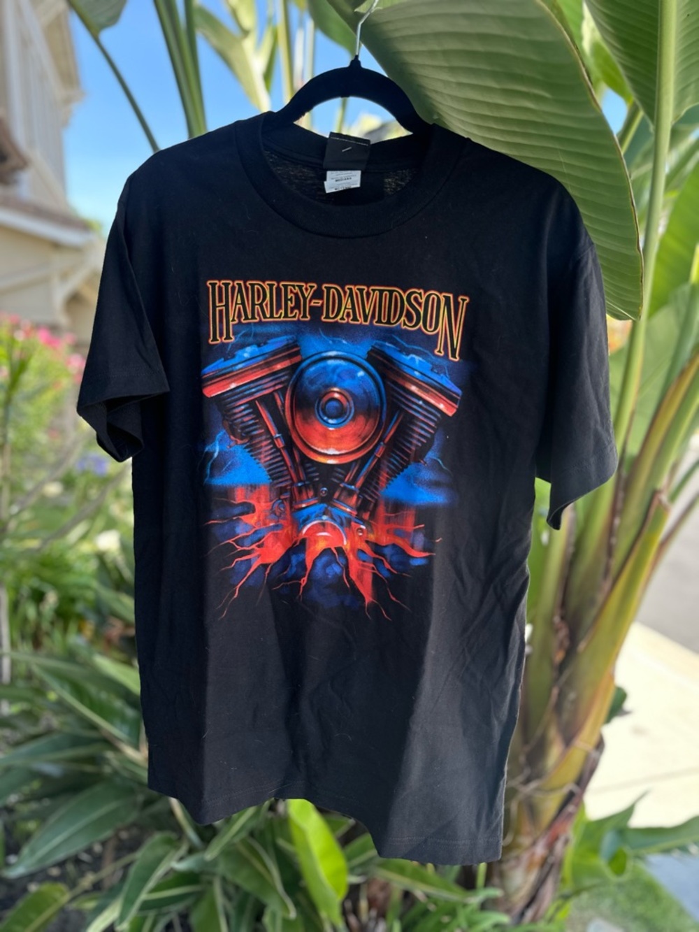 Harley-Davidson Black Tee with Red & Blue Engine Graphic